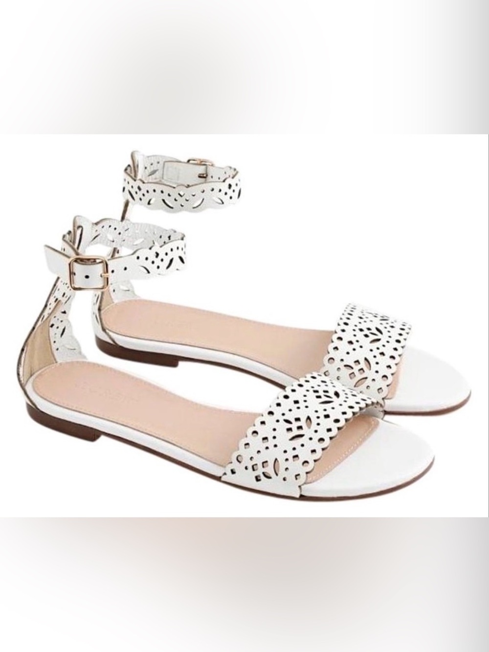 J Crew Leather Ankle Strap Sandals NWOT White Eyelet Flats 8